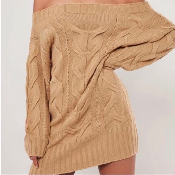 off the shoulder cable knit sweater dress